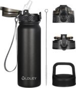 Oldley Insulated Water Bottle 20oz Water Bottles with Straw, Stainless Steel Water Bottle with 3 Lids, Double Wall Vacuum Bottles for Adult Kids, Sports Bottles for School Travel, Black - Image 2
