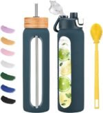 Olivego 32 oz glass water bottle - 1 Litter Motivational Tumbler With Time Marker - Borosilicate Glass Water Bottles With Silicone Sleeve and 2 Lids - Handle Spout Lid & Bamboo Straw Lid - Image 2