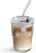 Olvini 13oz Glass Tumbler with Straw and Lid, Reusable Iced Coffee Cup Tumbler, Cute Glass Cups for Water, Matcha, Travel Coffee Mugs (Daisy) - Image 2