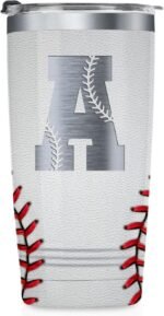 Onebttl Personalized Baseball Gifts for Teen Boys, Men, Coaches, 20oz Stainless Steel Tumbler with Laser Etched Initials for Baseball Players, Lovers, White - A - Image 2