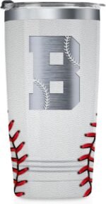 Onebttl Personalized Baseball Gifts for Teen Boys, Men, Coaches, 20oz Stainless Steel Tumbler with Laser Etched Initials for Baseball Players, Lovers, White - B - Image 2