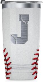 Onebttl Personalized Baseball Gifts for Teen Boys, Men, Coaches, 20oz Stainless Steel Tumbler with Laser Etched Initials for Baseball Players, Lovers, White - J - Image 2