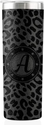 Onebttl Personalized Leopard Cup with Initial - Unique Cool Gifts for Women Who Have Everything on Birthday, Christmas - 20 oz Double-Wall Vacuum Tumbler with Lid and Straw - Black Glitter - Letter A - Image 2