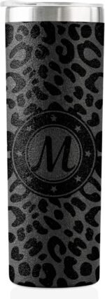 Onebttl Personalized Leopard Cup with Initial - Unique Cool Gifts for Women Who Have Everything on Birthday, Christmas - 20 oz Double-Wall Vacuum Tumbler with Lid and Straw - Black Glitter - Letter M - Image 2