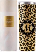Onebttl Personalized Leopard Cup with Initial - Unique Gifts for Women Who Have Everything on Birthday, Christmas - 20 oz Double-Wall Vacuum Tumbler with Lid and Straw - Golden Glitter - Letter M - Image 2