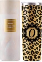 Onebttl Personalized Leopard Cup with Initial - Unique Gifts for Women Who Have Everything on Birthday, Christmas - 20 oz Double-Wall Vacuum Tumbler with Lid and Straw - Golden Glitter - Letter O - Image 2