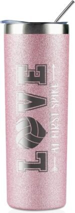 Onebttl Volleyball Gifts for Teen Girls & Team, Stainless Steel Kids Volleyball Tumbler, Double Wall Vacuum Insulated Bottle with Lid and Straw 20oz - Love at first Spike (Glitter Rosegold) - Image 2