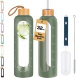OxyFlask Glass Water Bottles 32 oz - Motivational Drinking Glass Water Bottle with Silicone Sleeve, Straw & 2 Bamboo Lids - 1 Liter Clear Borosilicate Daily Intake Tumbler with Time Marker - Olive - Image 2