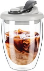 PARACITY Double Wall Glass Coffee Mug, Glass Coffee Cup with Silicone Lid 12 OZ, Insulated Coffee Mug for Milk, High Borosilicate Glass Double Walled Cup for Travel & Home(Grey) - Image 2