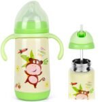 PHEENOWL Stainless Steel Insulated Baby Bottle 10oz – Medium-Flow Nipple & Straw Lid with Removable Handles, Thermal Water Bottle for Toddler BPA and Phthalates-Free (Monkey) - Image 2