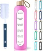 PROBTTL 32 Oz Borosilicate Glass Water Bottle with Time Marker Reminder Quotes, 1 Liter Leak Proof Reusable BPA Free Motivational Water Bottles with Silicone Sleeve and Bamboo Lid (Fuchsia) - Image 2