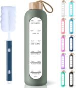 PROBTTL 32 Oz Borosilicate Glass Water Bottle with Time Marker Reminder Quotes, 1 Liter Leak Proof Reusable BPA Free Motivational Water Bottles with Silicone Sleeve and Bamboo Lid (Olive) - Image 2