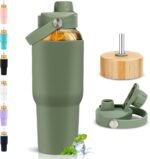 PROBTTL 40 oz Glass Tumbler with Handle - Sports Clear Borosilicate Glass Water Bottle with Straw, Silicone Sleeve, 2 Lids - Handle Spout & Bamboo Straw Lid, Fits Car Cup Holder, Leakproof (Olive) - Image 2