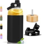PROBTTL Glass Water Bottles 64 oz, Half Gallon Glass Water Bottle with Straw, Silicone Sleeve, 2 Lids - Handle Spout & Bamboo Straw Lid (Black) - Image 2