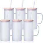 PYD Life 6 Pack Sublimation Glass Blanks Beer Mug Frosted 22 OZ with Bamboo Lid and Glass Straw for Mug Tumbler Heat Press Sublimation Oven Printing - Image 2