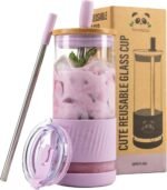 Pandaloo® Glass Cups With Lids and Straws -20 Fl Oz- Perfect Size Iced Coffee Cup - Smoothie Cup With Bamboo Lid and On the go Lid - Glass Tumbler With Straw (1 Count (Pack of 1), Lilac Rhapsody) - Image 2