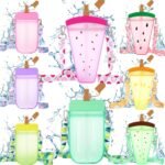 Patelai 8 Pcs Cute Water Bottles with Straw Kawaii Watermelon Ice Cream Cups Leak Proof Drinking Bottles with Adjustable Shoulder Strap for Sports Travel Camping(Classic Style) - Image 2