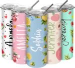 Personalized 20 Oz Skinny Tumbler - Custom Name Skinny Tumbler with Summer Design, BPA-Free Stainless Steel, 6 Designs - Customized Summer Gift - Image 2