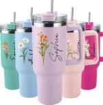 Personalized 40 Oz Tumbler with Handle and Straw, Custom Cup with Name & Birth Flower, Stainless Steel Travel Coffee Tumbler,Personalized Christmas Birthday Gifts for Women, Teen Girls - Image 2