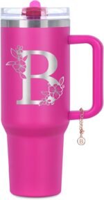 Personalized 40 oz Monogrammed Tumbler with Handle & Flip Straw, 100% Leak Proof stainless steel Insulated Tumbler, Customized Initial Funny Gifts for Women Mom Sisters Coworker, B - Image 2