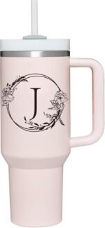 Personalized 40oz Tumbler Cup with Initials.Cup with Letter J 40oz Tumbler with Handle.Custom Tumbler Cup with Letter.Initial Monogram Tumbler Mug Gifts for Women Birthday Christmas. - Image 2