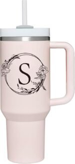 Personalized 40oz Tumbler Cup with Initials.Cup with Letter S 40oz Tumbler with Handle.Custom Tumbler Cup with Letter.Initial Monogram Tumbler Mug Gifts for Women Birthday Christmas. - Image 2