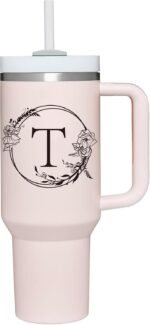 Personalized 40oz Tumbler Cup with Initials.Cup with Letter T 40oz Tumbler with Handle.Custom Tumbler Cup with Letter.Initial Monogram Tumbler Mug Gifts for Women Birthday Christmas. - Image 2