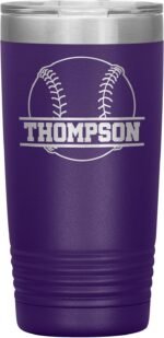 Personalized Baseball Tumbler With Name - Baseball Cup - 20oz Insulated Engraved Stainless Steel Baseball Travel Mug - Baseball Gift Purple - Image 2