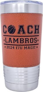Personalized Basketball Drink Tumbler! Insulated Leatherette Travel Mug with real leather texture, Personalized Basketball Gift, 20oz - Image 2