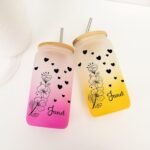 Personalized Birth Flower Frosted Glass Tumbler, Customized Birth Flower Glass Water Bottle with Name, New Year Gifts, Retirement Gifts for Co-work, Mom, Glass Cup with Lid - Image 2