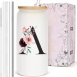 Personalized Customized Gifts for Women, Monogrammed Cute Glass Cup with Lid and Straw, Initial Iced Coffee Cup, Custom Letter Drinking Glasses Tumbler Mug, Christmas Birthday Gifts for Her Sister, A - Image 2