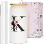 Personalized Customized Monogrammed Gifts for Women, Cute Glass Cup with Lid and Straw, Initial Iced Coffee Cup, Letter Drinking Mug Tumbler, Bridesmaid Proposal Maid of Honor Bridal Party Gifts, K - Image 2