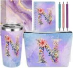 Personalized Gifts Monogrammed Birthday Gifts for Women, Colleague, Female Farewell Christmas, Initial 20 oz Tumbler, Makeup Cosmetic Bag Cup Pens Journal Notebook 6 Set, (Aesthetic Purple Flower N) - Image 2
