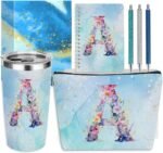 Personalized Gifts Monogrammed Birthday Gifts for Women, Cowerker Bride Appreciation Christmas Initial 20 oz Tumbler, Makeup Bag Cup Ballpoint Pens Journal Notebook 6 Set, (Aesthetic Blue Flower A) - Image 2