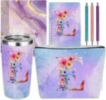 Personalized Gifts Monogrammed Birthday Gifts for Women, Daughter Bestie Friendship Christmas Initial 20 oz Tumbler, Makeup Bag Cup Ballpoint Pens Journal Notebook 6 Set, (Aesthetic Purple Flower E) - Image 2