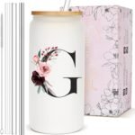 Personalized Gifts for Women, Cute Glass Cups with Lids and Straws, Customized Initial Iced Coffee Cup Drinking Glasses, Custom Letter Tumbler Mug, Nana Grandma Gigi Mimi Grandmother Momma Gifts, G - Image 2