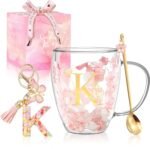 Personalized Gifts for Women Double Wall Flower Glass Coffee Mug Tea cup With Spoon Monogrammed Customized Gifts Birthday Christmas Valentine Mother's Day Gift for Mom Her Wife Friends Bride Sister(K) - Image 2