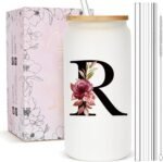 Personalized Gifts for Women, Monogrammed Frosted Glass Tumbler with Straw and Lid, Cute Customized Mug, Custom Initial Iced Coffee Glasses, Customizable Drinking Cup, Birthday Teacher Woman, R - Image 2