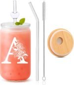 Personalized Gifts for Women – 16oz Initial Glass Cup with Lid & Straw – Custom Bridesmaid Tumbler for Wedding Party, Bachelorette Party,Christmas,Birthday,or Thank You Gift-A - Image 2