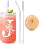 Personalized Gifts for Women – 16oz Initial Glass Cup with Lid & Straw – Custom Bridesmaid Tumbler for Wedding Party, Bachelorette Party,Christmas,Birthday,or Thank You Gift-J - Image 2