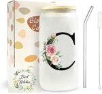 Personalized Gifts for Women,16 oz Custom Mug, Monogrammed Initial Glass Cups with Lids and Straws, Cute Glass Coffee Tumbler, Personalized Gifts for Christmas, Birthday (C) - Image 2