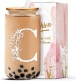 Personalized Glass Cup Women, Stylish 16 oz Glass Cups with Lids Straws, Perfect for Iced Coffee, Smoothies, Christmas gift/Birthday Gifts for Teacher/Nurse/Mom/Sister/Aunt Letter C - Image 2