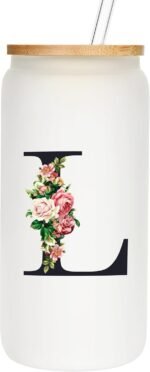 Personalized Glass Cups with Lids and Straws, Monogrammed Gifts for Women, Custom Tumbler, Cute Customized Mug, Aesthetic Stuff, Initial Iced Coffee Cup, Birthday Bridesmaid Gifts, L - Image 2