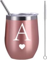 Personalized Initial Gifts 12 Ounces Stainless Steel Wine Tumbler with Straw Brush Rose Gold Insulted Mug Wedding Bridesmaid Birthday Graduation Gift for Men Women Monogrammed Gift (A) - Image 2