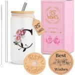 Personalized Initial Glass Cup for Women, HWJH 16oz Glass Cup with Lids and Straws, Monogrammed Gift Set, Frosted Reusable Tumbler with Gift Box & Cork Coaster for Iced Coffee, Valentine, Birthday (C) - Image 2