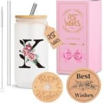 Personalized Initial Glass Cup for Women, HWJH 16oz Glass Cup with Lids and Straws, Monogrammed Gift Set, Frosted Reusable Tumbler with Gift Box & Cork Coaster for Iced Coffee, Valentine, Birthday (K) - Image 2