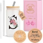 Personalized Initial Glass Cup for Women, HWJH 16oz Glass Cup with Lids and Straws, Monogrammed Gift Set, Frosted Reusable Tumbler with Gift Box & Cork Coaster for Iced Coffee, Valentine, Birthday (S) - Image 2