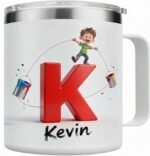 Personalized Kids Mug for Boys with Custom Name, Fun Paint Splash Initial Cup - 14oz Insulated Stainless Steel Tumbler with Handle & Lid, Creative Christmas Stocking Stuffer & Birthday Gift (B67) - Image 2
