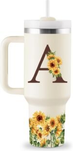 Personalized Sunflower 40oz Stainless Steel Tumbler with Handle & Straw - Monogrammed, Customized, Initials - Women's Birthday, Mother's Day Gift - Image 2