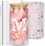 Personalized Tumbler, Monogrammed Can Glass Cups with Bamboo Lids and Straws, Customized Gifts for Women, Cute Design Initial Iced Coffee glasses, Custom Letter Mug, Birthday Bridesmaid, M - Image 2